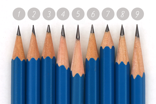 nine blue pencils with nine different points