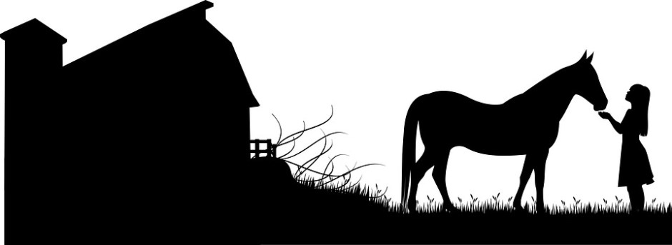 Stylized black and white image of a barn and a horse being hand feed by a long-haired girl in a dress