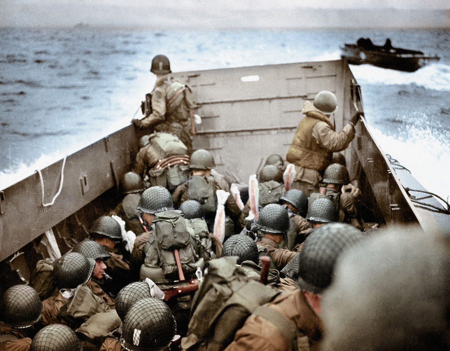 Marines in landing craft approaching the beaches of Normandy on D-Day