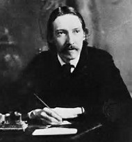 Photography of Robert Louis Stevenson, sitting at a desk with an ink quill in his right hand