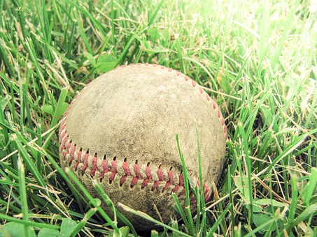 A baseball laying in a grassy field