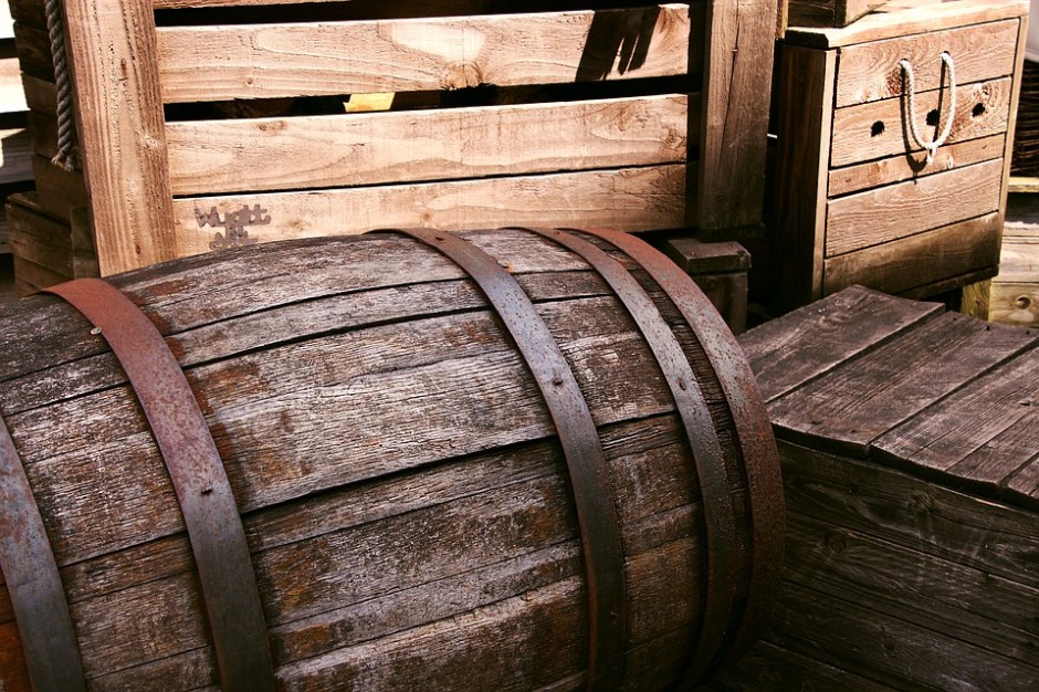 Wooden barrels and wooden crates