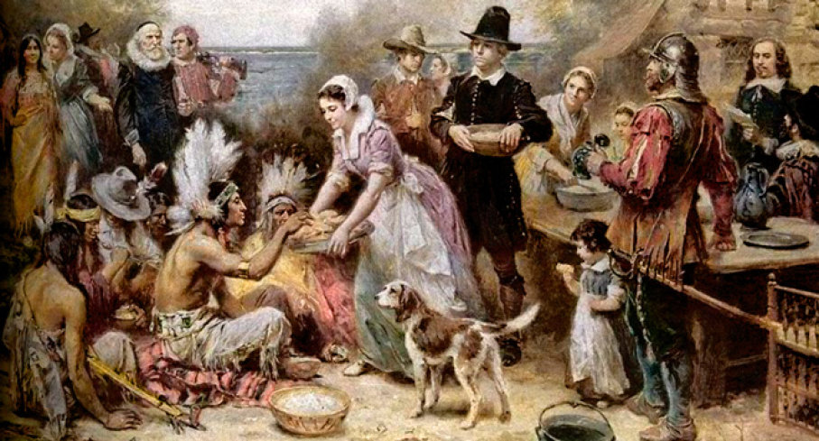 Oil painting of the First Thanksgiving with a dog enjoying the celebration