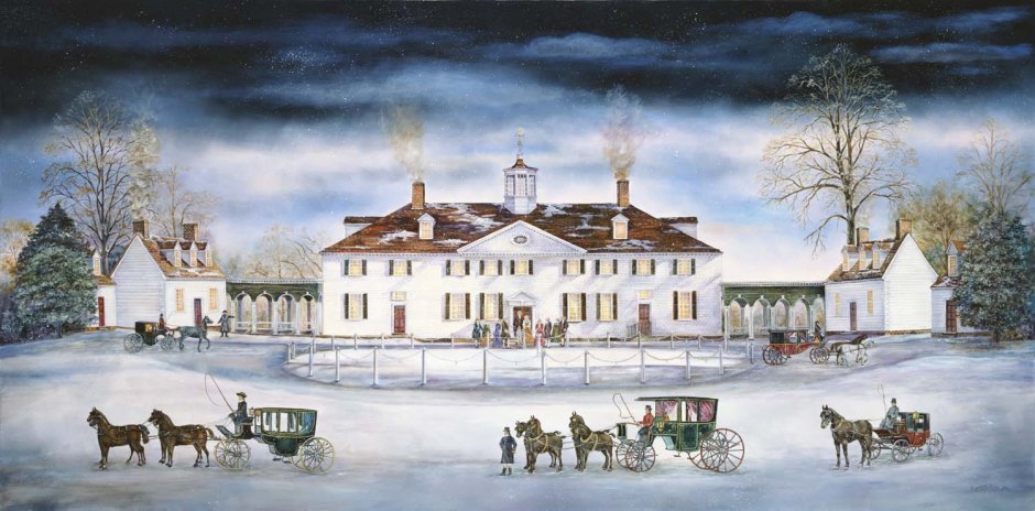 Colorful drawing of Mount Vernon in the winter with carriages and guests arriving by Pinterest