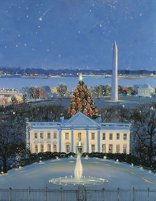 colored drawing of the White House in the winter, with the official White Christmas Tree , Washington Monument and the Potomac River in the background