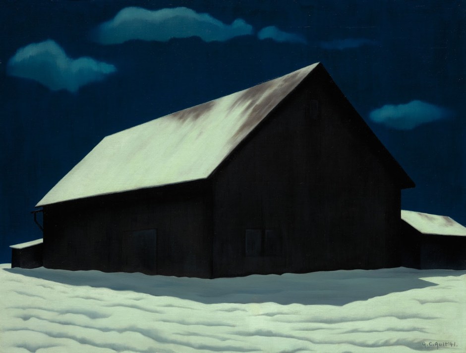 Night painting of a snow covered barn is by American artist George Ault (1891-1948).