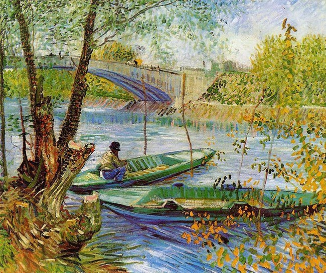 "Fishing in Spring, the Pont de Clichy" (1887) is a painting by Dutch artist Vincent van Gogh
