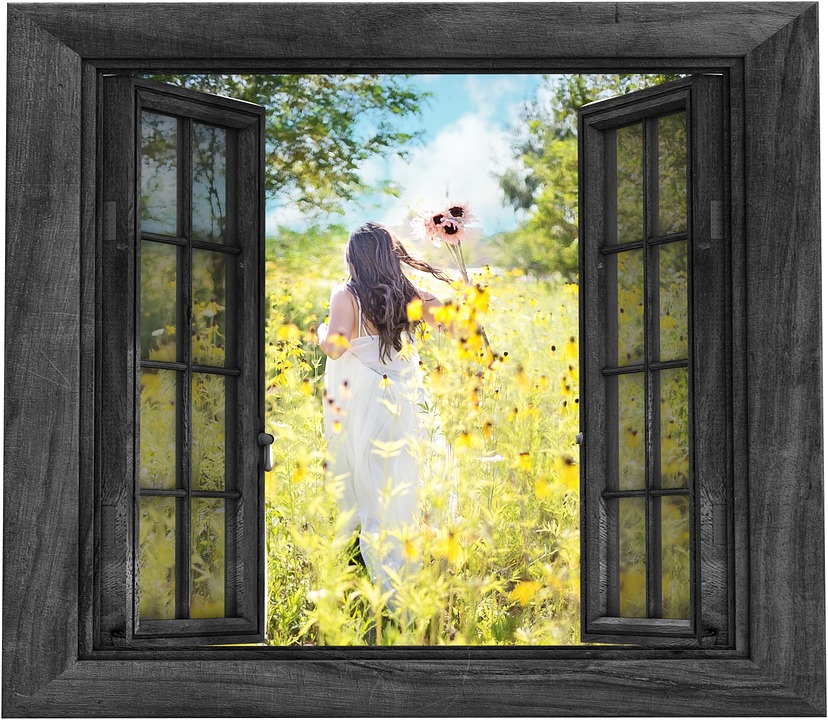 open window to a field of yellow flowers and a girl running
